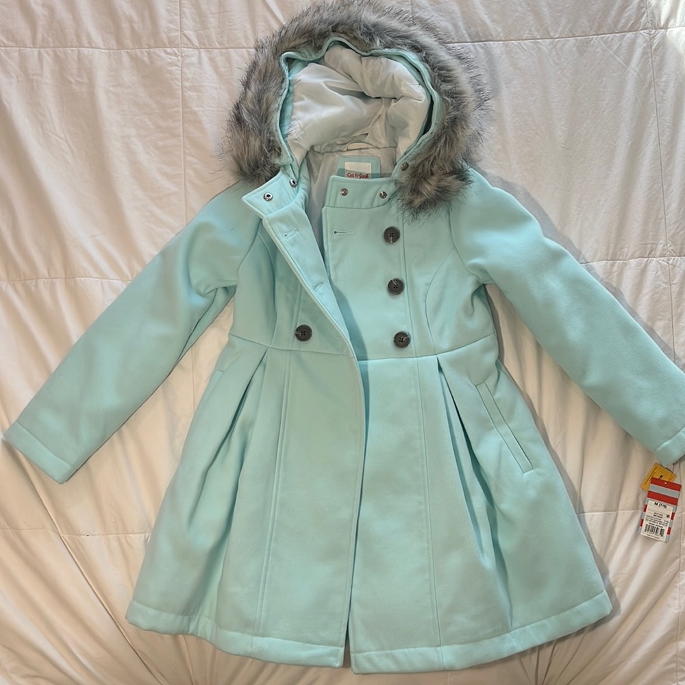 NWT Cat & Jack Girls' Faux Fur Lined Hooded Jacket, Mint Green, Size M (7/8)